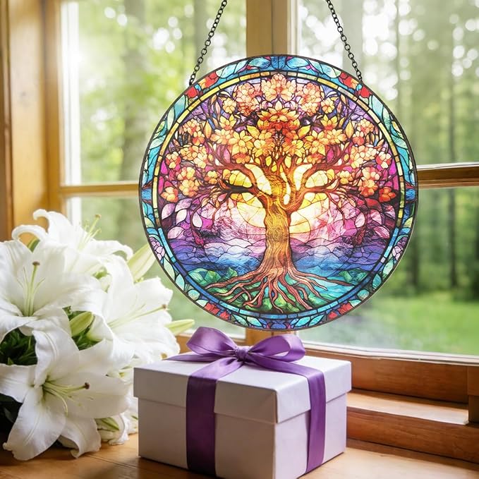 Tree of Life Stained Glass Suncatcher, Colorful Round Window Hanging with Metal Chain, Vibrant Boho Style Glass Sun Catcher Decor for Home Window or Wall