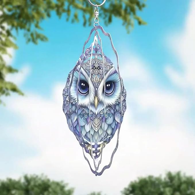 10 Inch Owl Wind Spinner, 3D Stainless Steel Hanging Kinetic Wind Sculpture Gifts for Garden Decor Yard Art Indoor Outdoor Window Porch Front Door Decoration