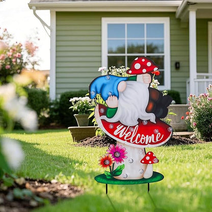 WONDER GARDEN Decorative Garden Stakes - Lighted Mushroom and Gnome Yard Sign Stakes with Flower, Spring Signs for Outdoor, Porch, Yard,Flower Bed Decor