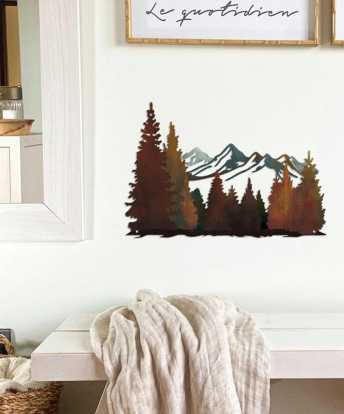 Putuo Decor Mountain Metal Wall Decor, Rustic Mountain Landscape Wall Art, Modern Farmhouse Pine Forest Scene Nature Hanging for Living Room Bedroom Office