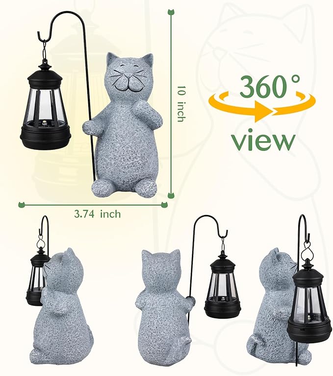 Solar Cat Garden Decor Outdoor Statues, Yard Art Lawn Ornaments, Outside Figurines Decorations for Home Patio Porch Balcony, Housewarming Gifts for Cat Lover (One Pack)