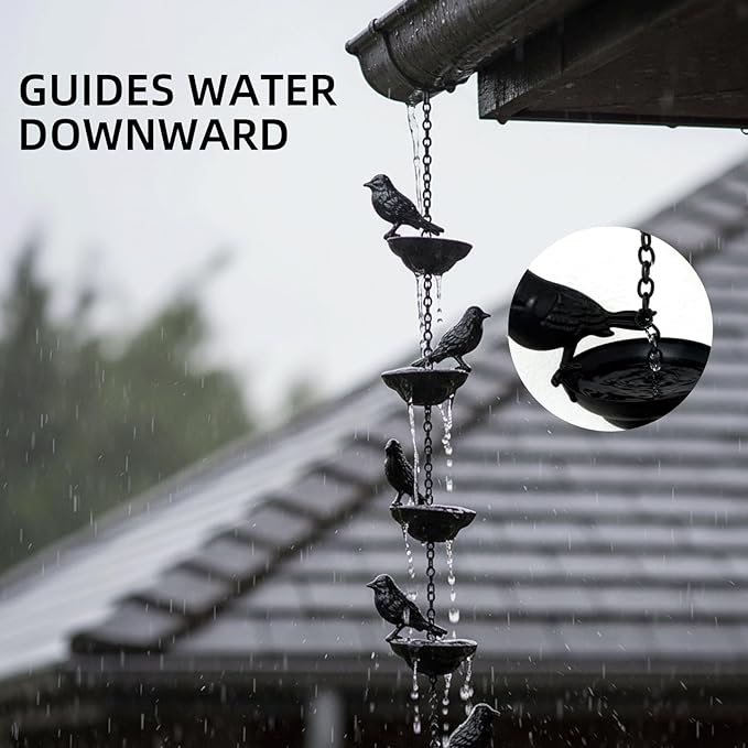 Birds Rain Chain Metal Bird Outdoor Decoration Rainwater Chain for Gutters, 3.28 FT Length with 8 Birds, Durable and Elegant Garden Drainage & Eaves Decor