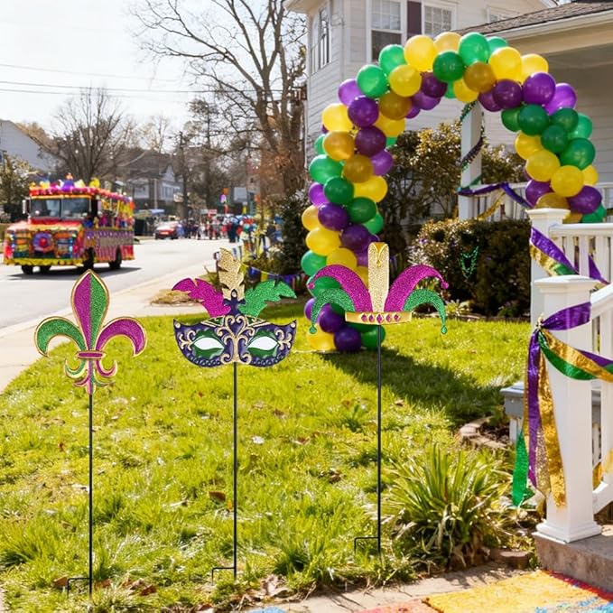 hogardeck Mardi Gras Outdoor Decorations, Set of 3 Metal 36" Decorative Garden Stakes with Mask Fleur-de-lis Jester's Hat for Mardi Gras Decor, Glitter Yard Sign for Outside Lawn Porch Backyard Party