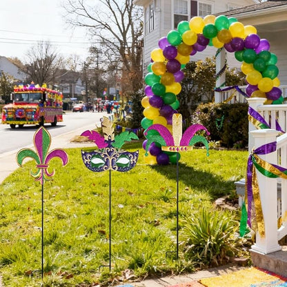 hogardeck Mardi Gras Outdoor Decorations, Set of 3 Metal 36" Decorative Garden Stakes with Mask Fleur-de-lis Jester's Hat for Mardi Gras Decor, Glitter Yard Sign for Outside Lawn Porch Backyard Party