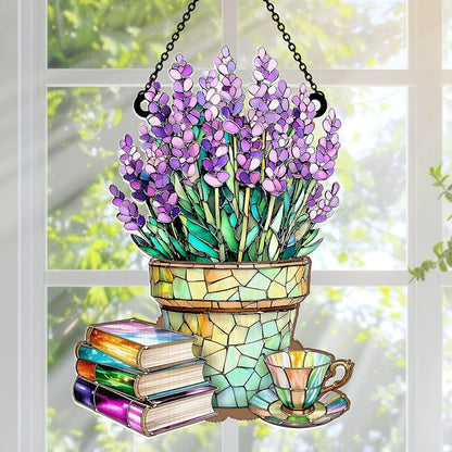 Jesuspirit - Window Hanging Suncatcher – Crystal Clear Acrylic & Wood Sun Catcher for Home Decor, for Women (Nostalgic Lavenders, Books, and Tea, 6 Inches)