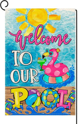 Baccessor Summer Pool Flamingo Garden Flag Double Sided Summer Welcome Pool Small Yard Flag Double Sided 12x18 Inch Burlap Vertical Seasonal Farmhouse Yard Outdoor Decoration