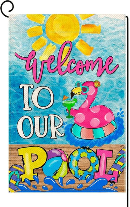 Baccessor Summer Pool Flamingo Garden Flag Double Sided Summer Welcome Pool Small Yard Flag Double Sided 12x18 Inch Burlap Vertical Seasonal Farmhouse Yard Outdoor Decoration