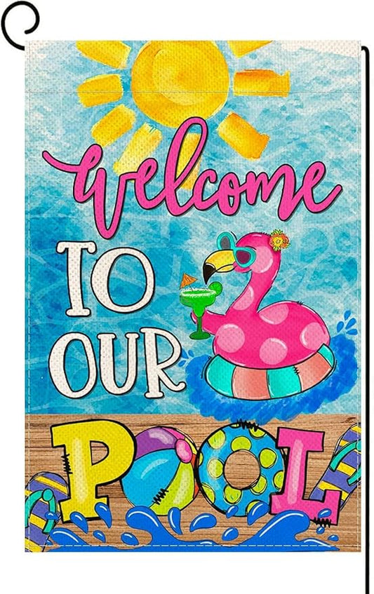 Baccessor Summer Pool Flamingo Garden Flag Double Sided Summer Welcome Pool Small Yard Flag Double Sided 12x18 Inch Burlap Vertical Seasonal Farmhouse Yard Outdoor Decoration