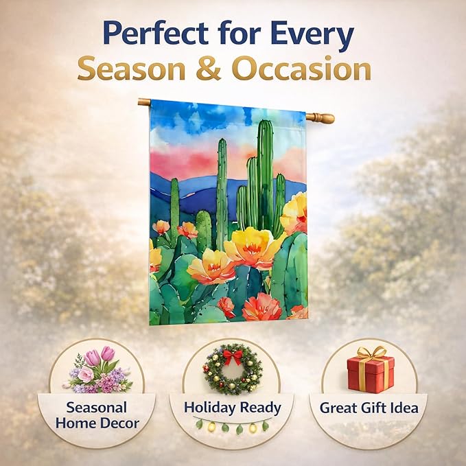 Caroline's Treasures Arizona Saguaro Cactus Blossom in Watercolor House Flag Large Porch Sleeve Pole Decorative Outside Yard Banner Artwork Wall Hanging, Polyester, House Size, Multicolor