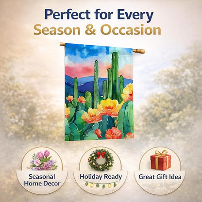Caroline's Treasures Arizona Saguaro Cactus Blossom in Watercolor House Flag Large Porch Sleeve Pole Decorative Outside Yard Banner Artwork Wall Hanging, Polyester, House Size, Multicolor