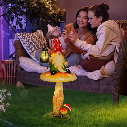 Solar Garden Gnomes Outdoor Statue, Waterproof Outdoor Mushroom Decor with Solar Lantern LED Lights for Yard, Patio, Lawn Ornaments, Valentines Day Gifts for Mom Women, Housewarming Gifts-16.5"