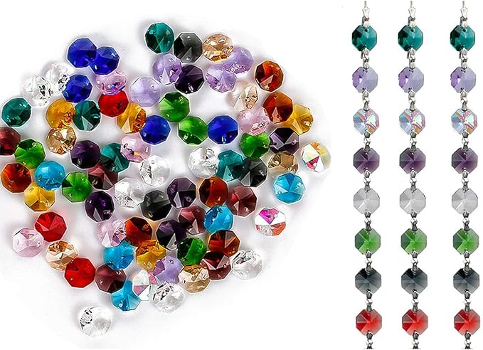 H&D 100pcs Multi Color Sun Catchers Crystal Glass 14mm Octagon Chandelier Beads for Suncatchers Wedding Home Window Garden Hanging Decor