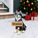 Husky Dog Garden Statue with Solar Lantern, 14.2" Outdoor Resin Puppy Figurine with Welcome & On Patrol Sign, Waterproof Pet Sculpture for Patio Yard Porch Decor, Dog Lover Gift