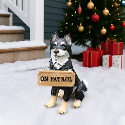 Husky Dog Garden Statue with Solar Lantern, 14.2" Outdoor Resin Puppy Figurine with Welcome & On Patrol Sign, Waterproof Pet Sculpture for Patio Yard Porch Decor, Dog Lover Gift