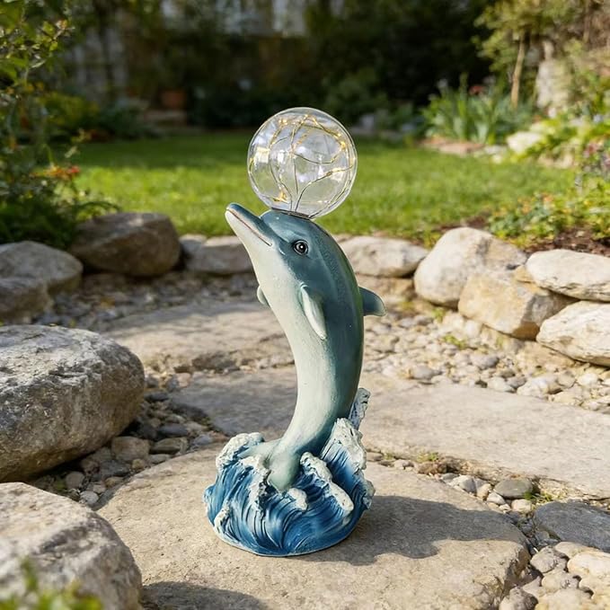 Solar Statue Outdoor,Dolphin Statue with Solar Globe Lights - Ideal Gifts for Dad, Mom or Birthdays, Beautifully Crafted Outdoor Garden Decorations to Wow Your Guests (Dolphin)