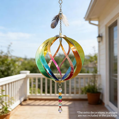 Hanging Wind Spinners Outdoor - Tool-Free Assembly Garden Wind Spinners, Spring Metal Yard Decor with Dual Hooks for DIY Accessories, Weatherproof Rust-Resistant 3D Ball(Rainbow, 8 Inch)