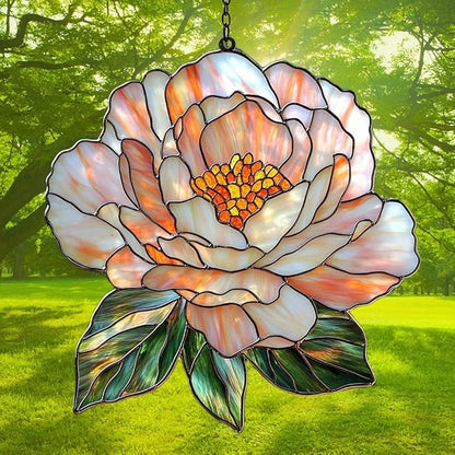 Pastel Pink Peony Acrylic Suncatcher Stained Glass Effect Window Car Hanging Christmas Ornament Indoor Outdoor Decor Garden Sun Catcher Panel for Peony Lover for Women Mom Grandma