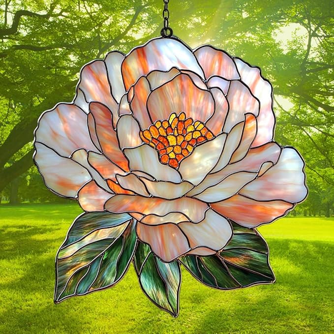 Pastel Pink Peony Acrylic Suncatcher Stained Glass Effect Window Car Hanging Christmas Ornament Indoor Outdoor Decor Garden Sun Catcher Panel for Peony Lover for Women Mom Grandma