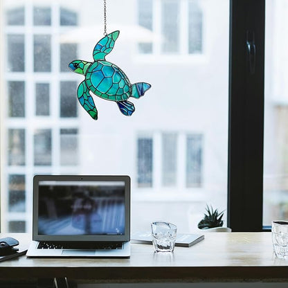 Sea Turtle Stained Glass Window Hanging, Hand-Painted Sun Catcher Glass Panel Wall Art Decor with Chain, Sea Turtle Gifts for Women Mom Grandma, Outdoor Indoor Art Decor for Home Garden