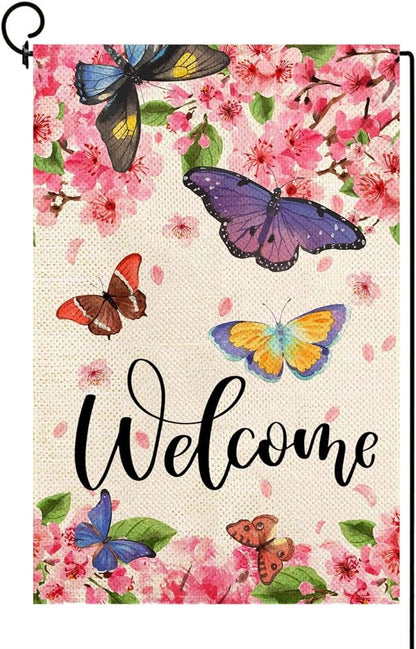Baccessor Spring Summer Garden Flag Floral Bird Butterfly Flowers Welcome Spring Summer Flag 12.5 x 18 Inch Double Sided Burlap Small Spring Summer Flag for Outside Decor