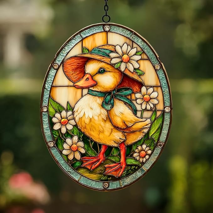 Warm Easter Duck Floral Mosaic Art Acrylic Suncatcher Stained Glass Effect Window Car Hanging Christmas Ornament Indoor Outdoor Decor Garden Sun Catcher Panel for Easter Lover for Women Mom Grandma