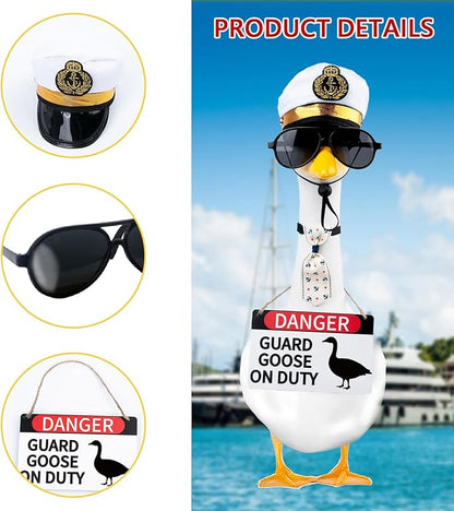 CAMDUCK 4 Pcs Porch Goose Accessories Porch Geese Sign Goose Navy Hat Eyeglasses Necktie Wooden Danger Guard Goose on Duty Warning Sign Geese Outfits Decor for Yard Porch Lawn