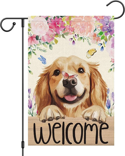 Heyfibro Welcome Spring Summer Flower Garden Flag 12x18 Inch Double Sided Burlap,Cute Golden Retriever Dog Butterfly Yard Flag for Seasonal Holiday Farmhouse Outdoor Decor(ONLY FLAG)