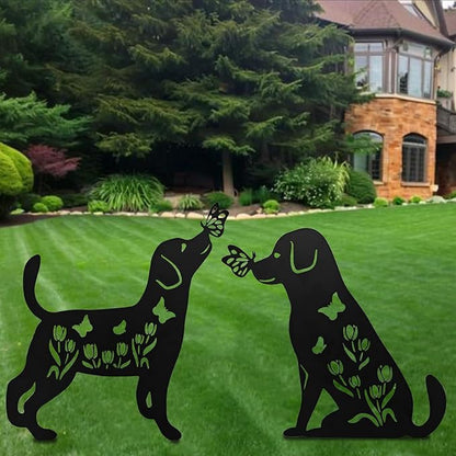 Dog Decor Outdoor Metal Decor, Garden Gecor for Outside Dog Garden Statue, Black Puppy Outdoor Garden Decor, Metal Garden Art Decorations, 2PCS (Dog1)