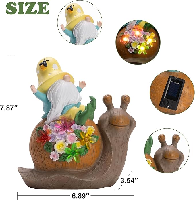 Etlemonde Solar Gnomes Outdoor Snail Garden Statue for Yard with Outdoor Decorations for Patio Mom Gift