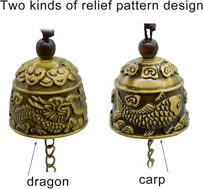 3Pcs Vintage Dragon Bronze Fish Carved Feng Shui Bell - Metal Hanging Temple for Good Luck Bless - DIY Wind Chime for Home Garden Eave Door Decoration