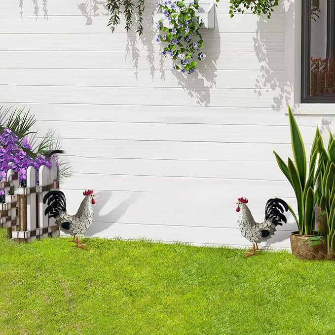 Metal Rooster Yard Decor,16 in Outdoor Chicken Statue Decoration for Patio Lawn Garden,3D Rooster Garden Statues,Chicken Yard Art Sculpture Outdoor Figurines,Metal Chicken Decor,1 Pcs (White)
