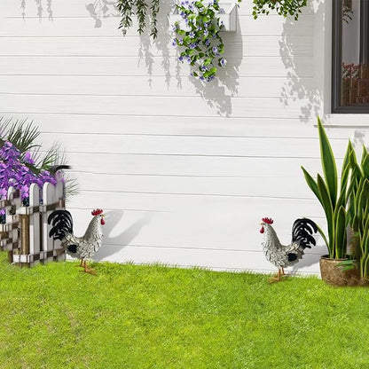 Metal Rooster Yard Decor,16 in Outdoor Chicken Statue Decoration for Patio Lawn Garden,3D Rooster Garden Statues,Chicken Yard Art Sculpture Outdoor Figurines,Metal Chicken Decor,1 Pcs (White)
