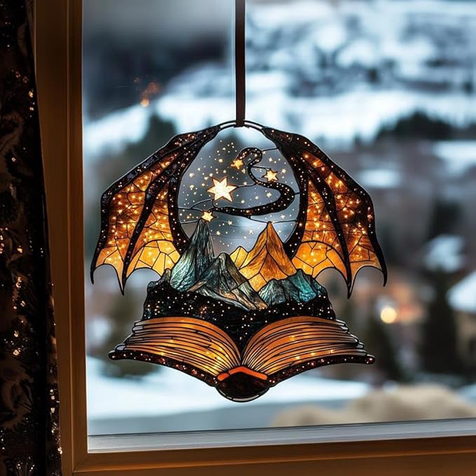 Dragon Wings Book Acrylic Suncatcher, Book Suncatchers for Window Hangings, Bookish Gifts for Readers Book Lovers Bookworm, Gift for Mother's Day, Women, Mom, Wife, Grandma