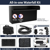 AquaMiracle Pond Waterfall Kit with LED Lights, All-in-1 Stainless Steel Spillway with 800GPH Water Pump, Outdoor Waterfall Fountain for Garden, Backyard & Pool Decor (18inch)