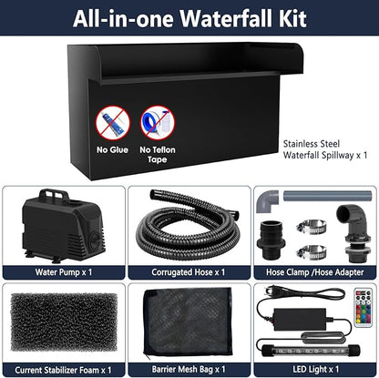 AquaMiracle Pond Waterfall Kit with LED Lights, All-in-1 Stainless Steel Spillway with 800GPH Water Pump, Outdoor Waterfall Fountain for Garden, Backyard & Pool Decor (18inch)