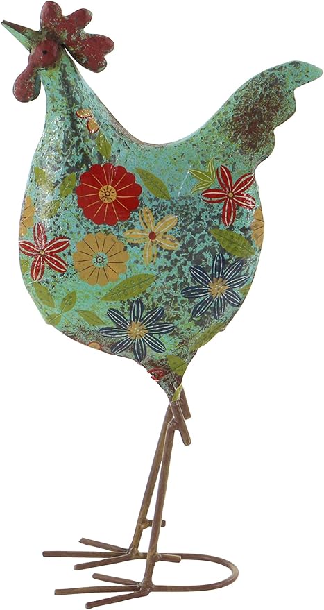 Deco 79 Eclectic Metal Garden Chicken Sculpture, 10" L x 5" W x 17" H, Multi Colored/Blue (Pack of 6)