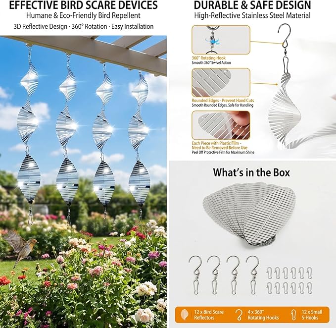 12PCS Stainless Steel Bird Deterrent Wind Spinners for Outside – Reflective Outdoor Bird Repellent Hanging Ornaments, Humane Pigeon Scarer for Yard Garden, Balcony, Patio, Roof & Window (12, Spiral)