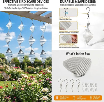 12PCS Stainless Steel Bird Deterrent Wind Spinners for Outside – Reflective Outdoor Bird Repellent Hanging Ornaments, Humane Pigeon Scarer for Yard Garden, Balcony, Patio, Roof & Window (12, Spiral)