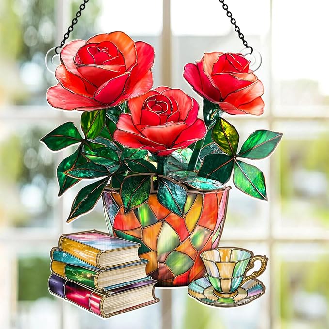Jesuspirit - Window Hanging Suncatcher – Crystal Clear Acrylic & Wood Sun Catcher for Home Decor, for Women (Nostalgic Roses, Books, and Tea, 6 Inches)