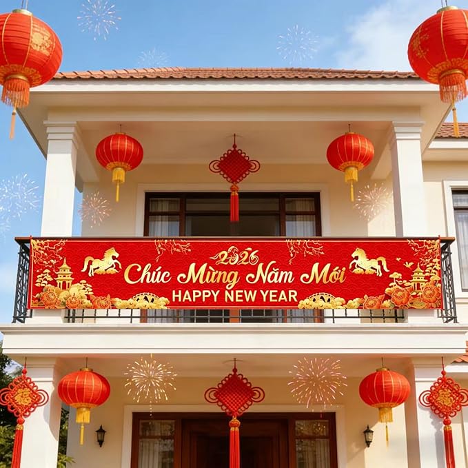 KYMY Vietnamese New Year Yard Banner 2026, Year of the Horse Lunar New Year Fence Sign 9.8 x 1.6 Ft, Tết Vietnam Outdoor Decoration Asian Spring Festival Background Backdrop