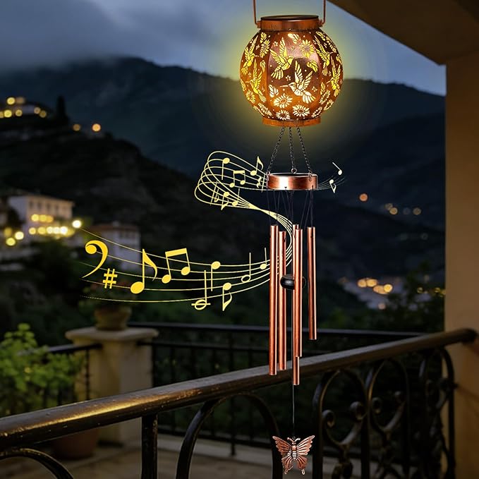 Round Lantern Wind Chimes-Hummingbird，Handcrafted Garden Art with Melodic Tones, Weather-Resistant Metal Wind Chime for Outdoor Patio, Porch, and Garden Decor, for Nature Lovers
