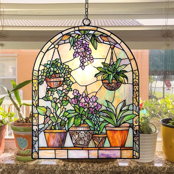 Garden Lovers Acrylic Suncatcher Stained Glass Effect Window Car Hanging Christmas Ornament Indoor Outdoor Decor Garden Sun Catcher Panel for Acrylic Suncatcher Lover for Women Mom Grandma