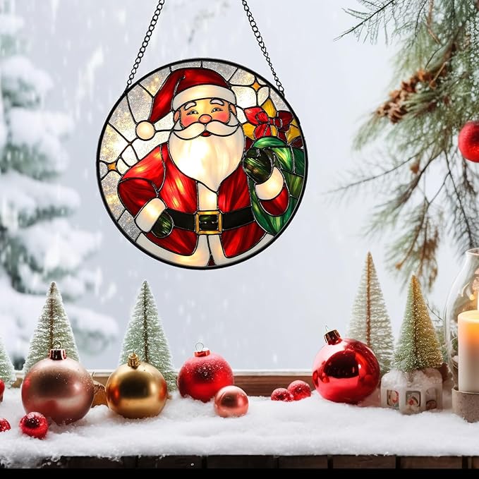 Santa Claus Stained Glass Suncather for Window Hanging, 6.3'' Christmas Ornament Gift for Women, Festive Wall Art Home Decoration Xmas Gift for Mom, Grandma (Red Santa, 6.3'')