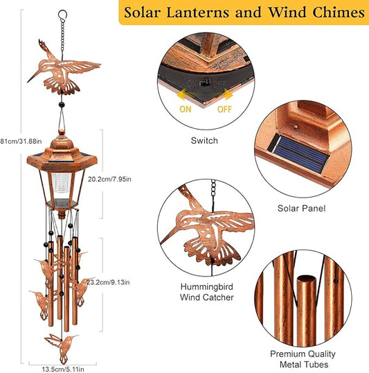 Large Solar Hummingbird Wind Chimes with Wind Catcher/Solar Decor Light to Create a Zen Atmosphere Decor for Outdoor Garden Patio, Classic Bronze Wind Chimes, Gifts for Mom Grandma Women Wife Daughter
