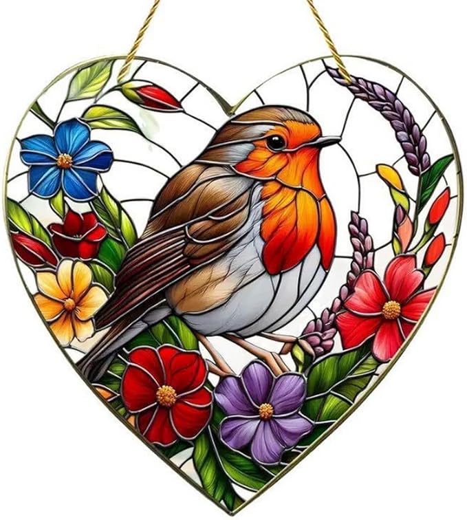 1pcs Valentine Heart Suncatcher Ornament Spring Window Suncatchers with Bird Flower Designs Acrylic Suncatchers Hanging Ornaments for Garden Decor，Housewarming Women Decor Gifts
