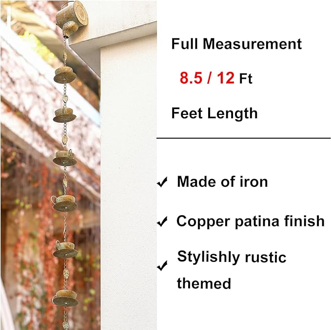 Jemeni Teapot & Teacups Rain Chain, 12 Ft Decorative Downspout Alternative, Rustic Metal Rain Water Feature with Artificially Aged Patina Finish, with Bell & 15 Hanging Cups