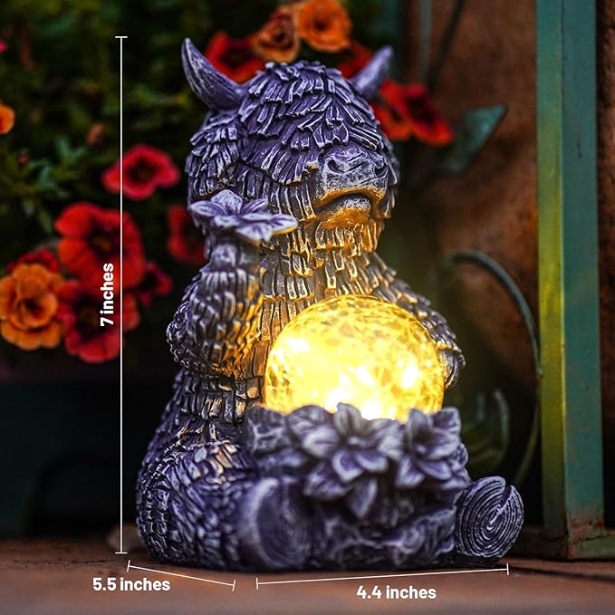 Gray Highland Cow Garden Statue with Solar Crackle Globe Light - Whimsical Resin Figurine for Outdoor Patio, Lawn, Yard Decor, Unique Birthday & Housewarming Gift for Women, Mom, Friends