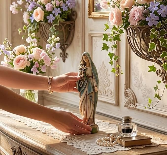 Napco Imports Mary Holding Lily Bouquet Ivory 4.5 x 12.25 Resin Stone Garden Figurine