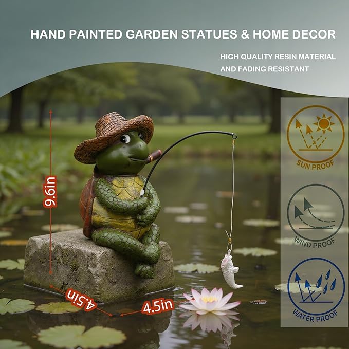 Elenon Fishing Turtle Garden Statue, 9" Turtle with Pole Decor for Koi Pond Waterfalls, Adorable Flower Bed Outdoor Yard Patio Art Decorative Sculptures Table Ornament