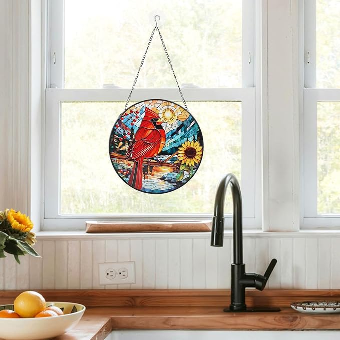 Cardinal Stained Glass Window Hanging with Sunflower, 7.9-Inch Suncatcher for Windows, Cardinal Gifts for Women, for Bird Lovers